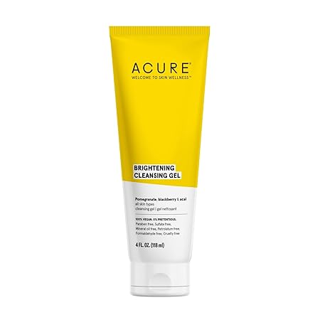 Acure Brightening Cleansing Gel Vegan Cleanser, 0.34 pounds (Pack of 1) | Pomegranate, Blackberry, Acai | Radiant Skin, Antioxidant-Rich | Gentle | 4 Fl Oz