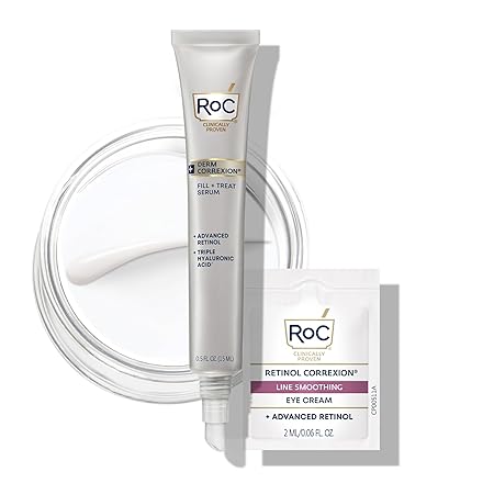 RoC Derm Correxion Fill + Treat Advanced Retinol Serum, Wrinkle Filler Treatment with Hyaluronic Acid for Crow's Feet, 11 Wrinkles, & Laugh Lines, (.5 fl oz) with Retinol Packette (Packaging May Vary)