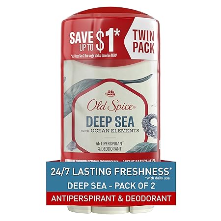 Old Spice Antiperspirant and Deodorant for Men, 24/7 Sweat and Odor Protection, Invisible Solid, Deep Sea with Ocean Elements Scent, 2.6 oz (Pack of 2)