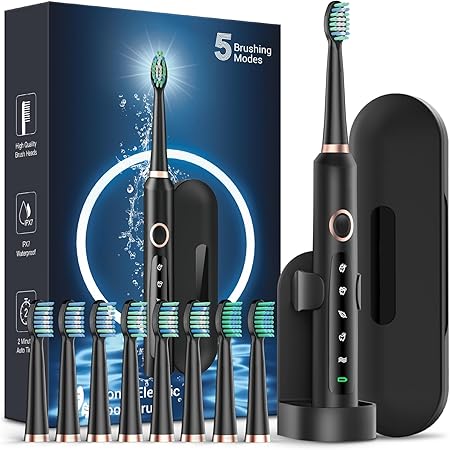 Rtauys M5 Sonic Electric Toothbrush for Adults - Rechargeable Electric Toothbrush with 8 Brush Heads & Travel Case,Power Electric Toothbrush with Holder, 3 Hours Charge for 120 Days - Black