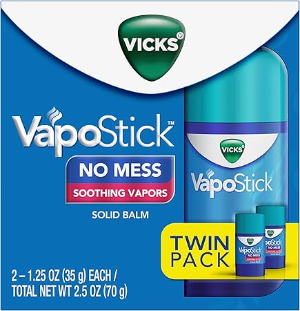 Vicks VapoStick, Solid Balm, No Mess, Soothing Non-Medicated Vicks Vapors, Easy-To-Use No-Touch Applicator, Quick Dry, Lightweight Skin Feel, 1.25oz x 2