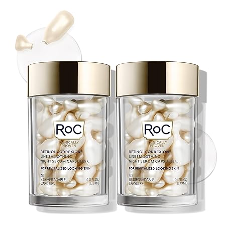 RoC Retinol Correxion Anti-Aging Wrinkle Night Serum, Daily Line Smoothing Skin Care Treatment for Fine Lines, Post-Acne Scars, 80 Capsules (Limited Edition Value Set)