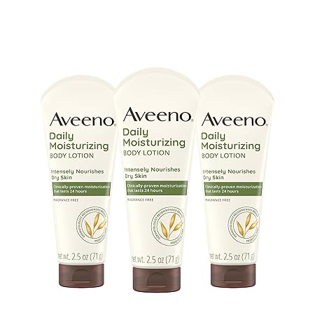 Aveeno Daily Moisturizing Body Lotion, 2.5 fl. oz (Pack of 3) | Gentle, Nourishes Dry Skin, Soothing, Non-Comedogenic | Prebiotic Oat | Fragrance-Free | Travel-Size