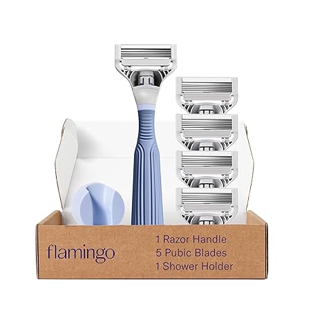 Flamingo Pubic Hair Razor for Women Starter Set, 1 Razor Handle, 4 Pubic Razor Five-Blade Refills, and 1 Shower Holder