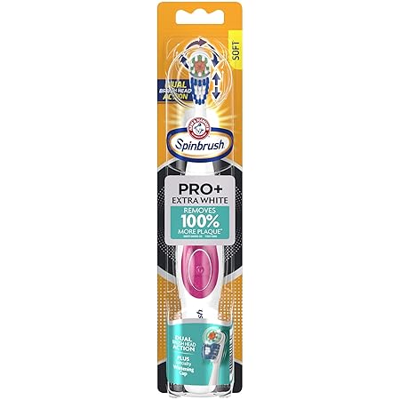 Spinbrush ARM & HAMMER Spinbrush PRO+ Extra White Battery-Operated– Spinbrush Battery Powered Toothbrush Removes 100% More Plaque- Soft Bristles -Batteries Included