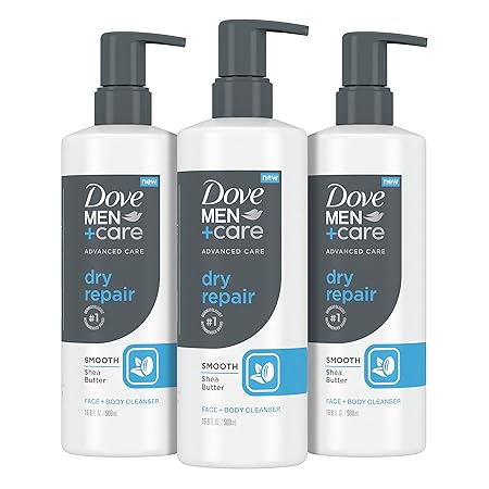 DOVE MEN + CARE Advanced Care Face + Body Cleanser Dry Repair, 16.9 oz (Pack of 3) | Shea Butter