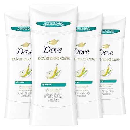 Dove Advanced Care Antiperspirant Deodorant Stick Rejuvenate 4 Count to help skin barrier repair after shaving by boosting skin's ceramide levels 72-hour odor control for soft underarms 2.6 oz