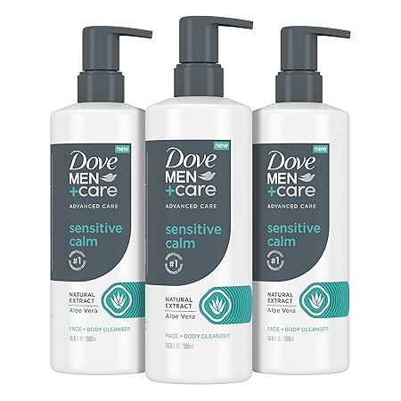 DOVE MEN + CARE Advanced Care Face + Body Cleanser Sensitive Calm Body Wash, 16.9 oz (Pack of 3) | Aloe Vera