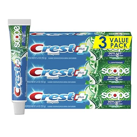 Crest Complete Whitening + Scope, Long Lasting Mint Toothpaste, Triple Pack (3 Count of 5.4 oz Tubes), 16.2 oz