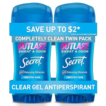 Secret Outlast Antiperspirant Deodorant for Women, Sweat & Odor Protection, PH Balancing Minerals, Clear Gel, Completely Clean Scent, 2.6 oz (Pack of 2)