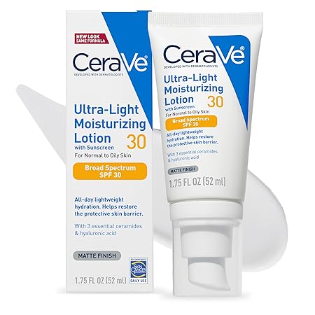 CeraVe Ultra-Light Moisturizing Lotion With SPF 30| Daily Face Moisturizer with SPF | Formulated with Hyaluronic Acid & Ceramides | Broad Spectrum SPF | Oil Free | Matte Finish | 1.7 Ounce