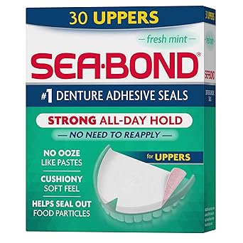 Sea Bond Secure Denture Adhesive Seals, Fresh Mint Uppers, Zinc-Free, All-Day-Hold, Mess-Free, 30 Count (Pack of 1)