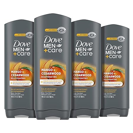 DOVE MEN + CARE Rejuvenating Mango + Cedarwood Body Wash, 18 oz (Pack of 4) | 24-Hour Nourishing Micromoisture