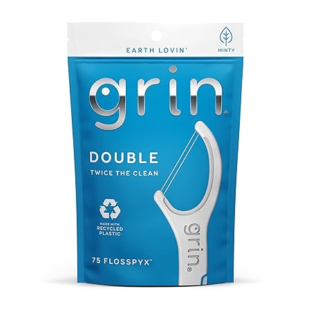 GRIN Double Flosspyx, Floss Picks, 75 Count, Dental Flossers, Minty Flavor, Recycled Plastic, 2 Lines of Strong Floss, Longer Floss Head, Traps Food and Plaque, Includes Safe Soft Fold-Back Tooth Pick