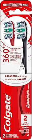 Colgate 360 Optic White Advanced Whitening Toothbrush, Adult Medium Toothbrush with Whitening Cups, Helps Whiten Teeth and Removes Odor Causing Bacteria, 2 Pack