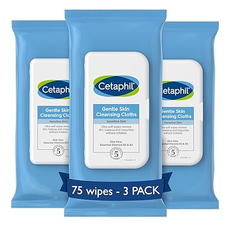 Cetaphil Face and Body Wipes, Gentle Skin Cleansing Cloths, 25 Count (Pack of 3), for Dry, Sensitive Skin, Flip Top Closure, Great for the Gym, Travel, in the Car, Hypoallergenic, Fragrance Free