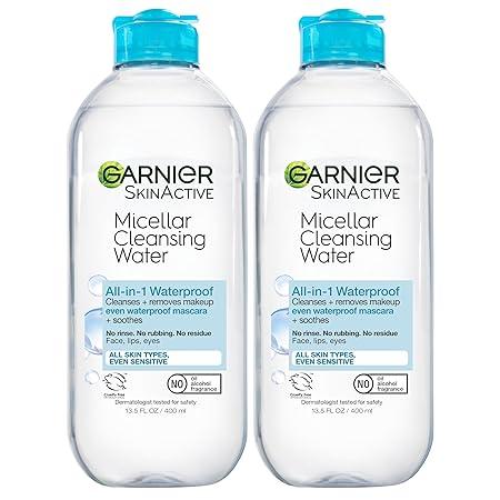 Garnier Micellar Water for Waterproof Makeup, Hydrating Facial Cleanser, 13.5 Fl Oz (Pack of 2) | Vegan | Cruelty Free | Sensitive Skin | 400 mL