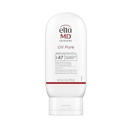 EltaMD UV Pure Face and Body Sunscreen, SPF 47 Mineral Sunscreen for Kids and Adults, Water Resistant Up to 80 Minutes, 4.0 oz Tube