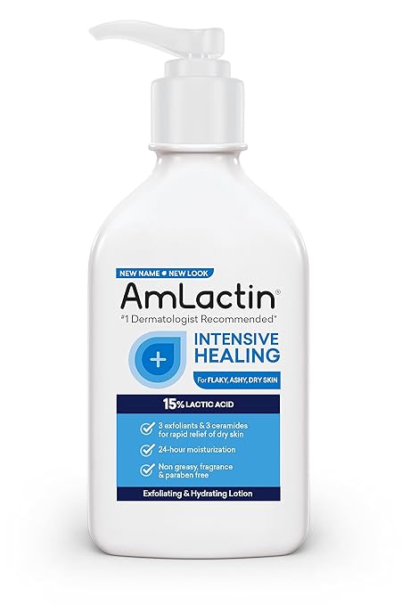 AmLactin Intensive Healing Lotion for Dry Skin, 7.9 oz (Pack of 1) | 2-in-1 Exfoliator, Moisturizer | Ceramides, 15% Lactic Acid | Pump Bottle | Packaging May Vary