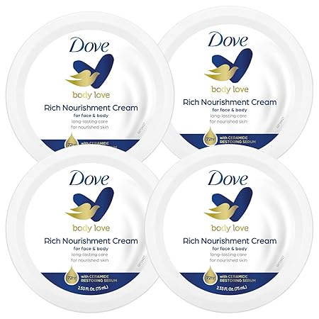 Dove Nourishing Body Care, Face, Hand, and Body Rich Nourishment Cream for Extra Dry Skin with 48-Hour Moisturization, 4-Pack, 2.53 Oz Each Jar