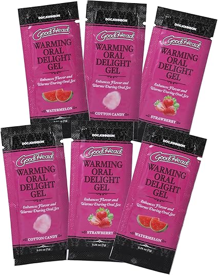 Doc Johnson GoodHead - Warming Oral Delight Gel - 6 X 0.24 oz. Packets - Strawberry, Cotton Candy, Watermelon