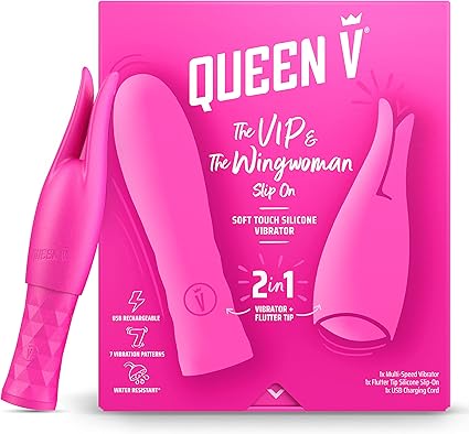 Queen V The VIP & The Wingwoman Slip On, Adult Sex Toy for Woman, 2 in 1: Multi-Speed Vibrator + Flutter Tip Slip On, USB Rechargeable, Water Resistant, Soft Touch Silicone Personal Massager