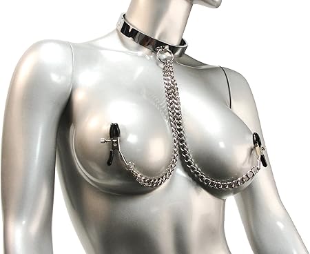 Master Series Chrome Slave Collar with Nipple Clamps, Small/Medium