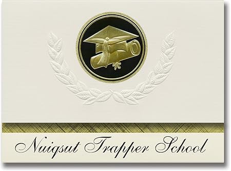 Nuiqsut Trapper School (Nuiqsut, AK) Graduation Announcements, Presidential style, Basic package of 25 Cap & Diploma Seal. Black & Gold.