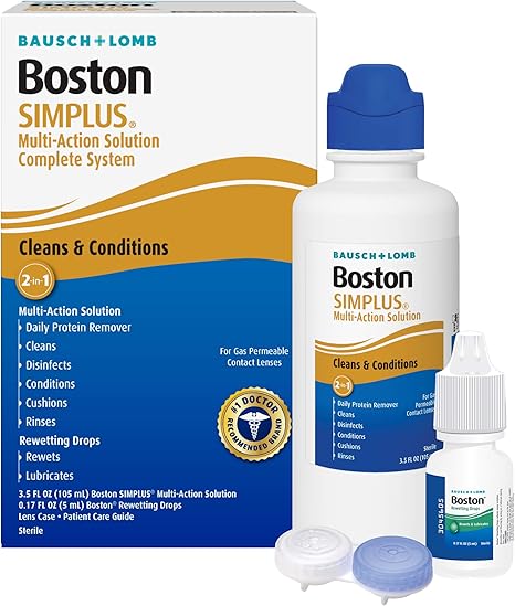 Boston Simplus Contact Lens Solution Kit, for Gas Permeable Contact Lenses, 3.5 Fl Oz Multi-Action Solution, 0.17 Fl Oz Rewetting Drops, Lens Case Included