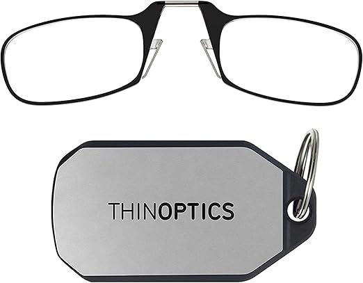 ThinOptics Keychain Rectangular Reading Glasses, Black Frames/Silver Case, 2 Piece Set + 1