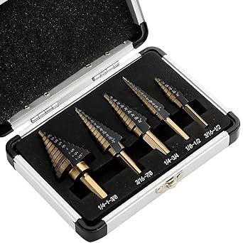 Step Drill Bits, HSS 5PCS Titanium Step Drill Bit Set, 50 Sizes in 5 High Speed Steel Unibit Drill Bits Set for Sheet Metal with Aluminum Case, Multiple Hole Stepped Up Bits for DIY Lovers