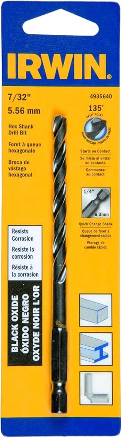 Irwin Tools 4935640 Oxide Hex Shank Drill Bit, 7/32-Inch, Black