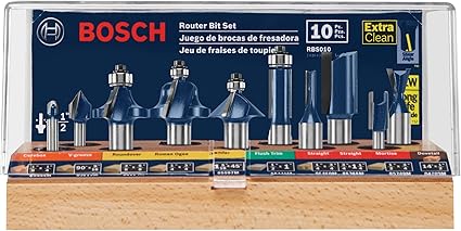 BOSCH RBS010 10-Piece 1/2 in. and 1/4 in. Shank Carbide-Tipped All-Purpose Professional Router Bits Assorted Set with Case for Applications in Straight, Trimming, Decorative Edging, Dovetail Joinery