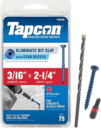 Tapcon 28360 3/16x2-1/4 Blue Star Drive Bugle Head Concrete Anchors 75/Box