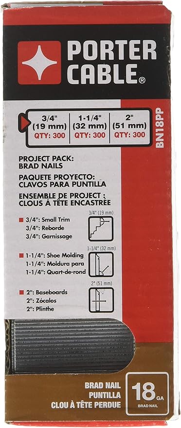 PORTER-CABLE Brad Nails, Project Pack, 18GA, 300 x 5/8 in., 300 x 1-1/4 in., 300 x 2 in. 900-Pack (BN18PP)