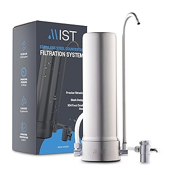 Mist Countertop Water Filter, 5-Stage Water Filtration System Countertop Technology, 8000 Gallon Capacity, Stainless Steel, Reduces Heavy Metals, Chlorine, Bad Taste & Odor (1 Filter Included)