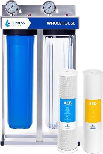 Express Water Whole House Water Filter – 2 Stage Home Water Filtration System – Sediment and Carbon Filter – Includes Pressure Gauge, Easy Release, and 1” Inch Connections