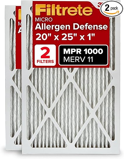 Filtrete 20x25x1 AC Furnace Air Filter, MERV 11, MPR 1000, Micro Allergen Defense, 3-Month Pleated 1-Inch Electrostatic Air Cleaning Filter, 2 Pack (Actual Size 19.688 x 24.688 x 0.84 in)