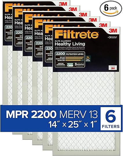 Filtrete 14x25x1 AC Furnace Air Filter, MERV 13, MPR 2200, Elite Allergen, Bacteria & Virus Filter, 3-Month Pleated 1-Inch Electrostatic Air Cleaning Filter, 6-Pack (Actual Size 13.81x24.81x0.78 in)