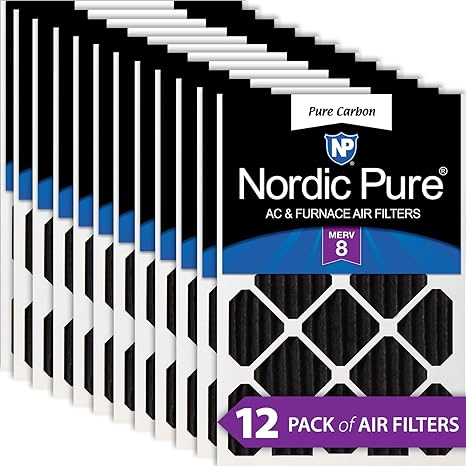 Nordic Pure 20x25x2 (19 1/2 x 24 1/2 x 1 3/4) Pure Carbon Pleated Odor Reduction Merv 8 Furnace Filters 12 Pack