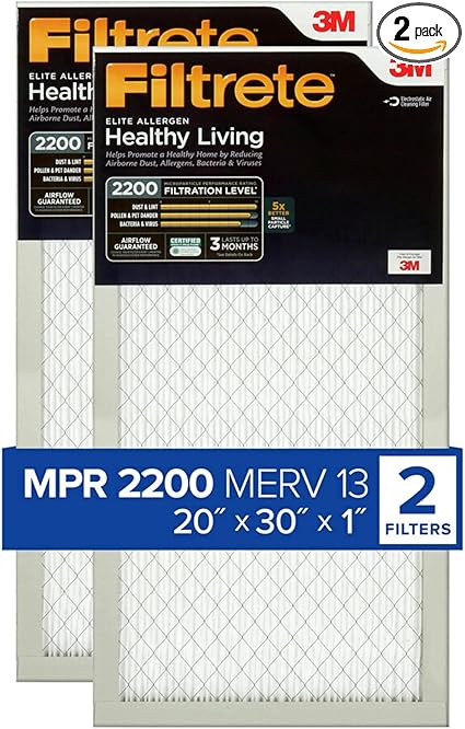 Filtrete 20x30x1 AC Furnace Air Filter, MERV 13, MPR 2200, Elite Allergen, Bacteria & Virus Filter, 3-Month Pleated 1-Inch Electrostatic Air Cleaning Filter, 2-Pack (Actual Size 19.81x29.81x0.78 in)