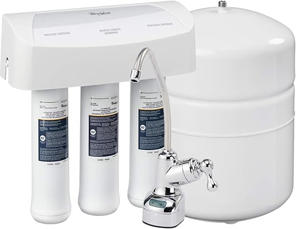 Whirlpool WHER25 Reverse Osmosis (RO) Filtration System With Chrome Faucet | Extra Long Life | Easy To Replace UltraEase Filter Cartridges, White