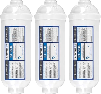 Hydronix HX-ICF-6Q38/3 Inline Post Reverse Osmosis, Fridge & Ice Coconut Gac Water Filter 2 x 6, 1000 Gal, 3/8 inch Qc - 3 Pack, White