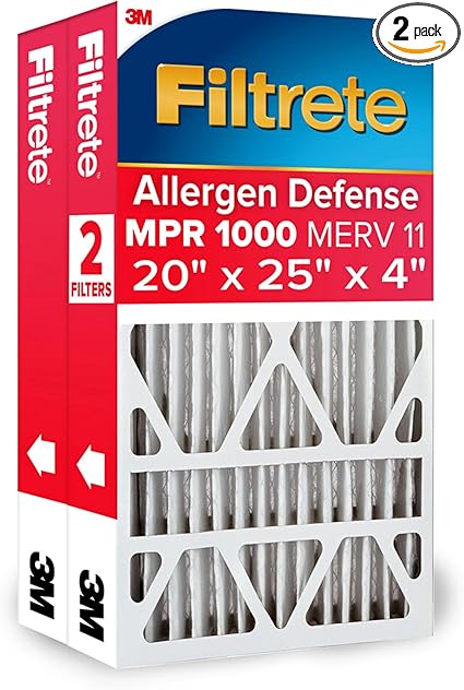 Filtrete 20x25x4, AC Furnace Air Filter, MPR 1000 DP, Micro Allergen Defense Deep Pleat, 2-Pack (actual dimensions 19.88 x 24.63 x 4.31)