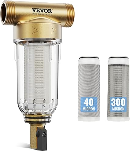 VEVOR 40/300 Micron Sediment Filter, 20GPM Spin Down Water Filter, Reusable Upgrade Flushable Pre-Filtration, Whole House Sediment Filter for Well/City Water, Brass Head, 3/4