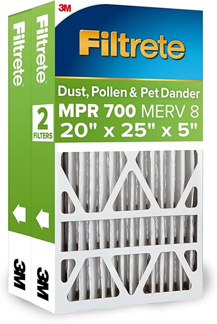 Filtrete 20x25x5 Air Filter, MPR 700, MERV 8, Clean Living Dust, Pollen and Pet Dander Reduction 3-Month Pleated 5-Inch Air Filters, 2 Filters