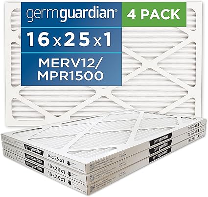 GermGuardian AC Furnace Air Filter, 16x25x1, MERV 12, MPR 1500, 4-Pack 1-Year Supply, FF16254PK