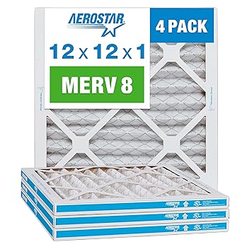 Aerostar 12x12x1 MERV 8 Pleated Air Filter, AC Furnace Air Filter, 4 Pack (Actual Size: 11 3/4