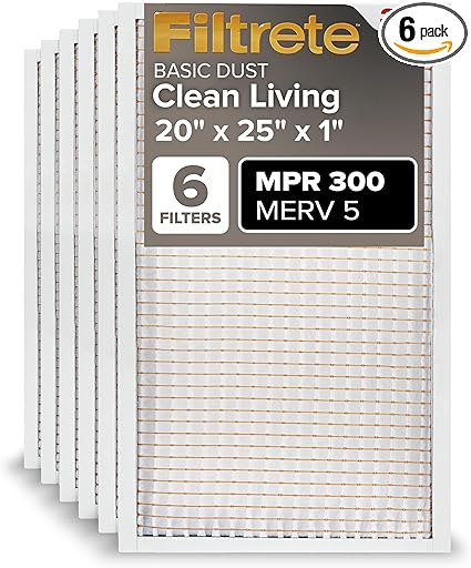 Filtrete 20x25x1 AC Furnace Air Filter, MERV 5, MPR 300, Capture Unwanted Particles, 3-Month Pleated 1-Inch Electrostatic Air Cleaning Filter, 6-Pack (Actual Size19.69x24.69x0.81 in)