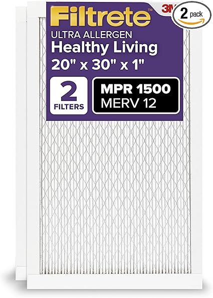 Filtrete 20x30x1 AC Furnace Air Filter, MERV 12, MPR 1500, CERTIFIED asthma & allergy friendly, 3 Month Pleated 1-Inch Electrostatic Air Cleaning Filter, 2-Pack (Actual Size 19.81x29.81x0.78 in)